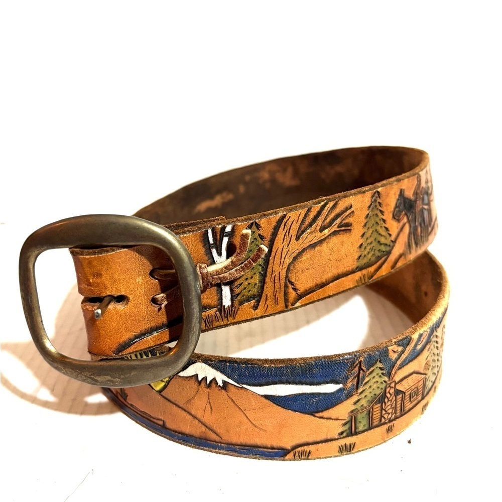 Vintage unisex distressed Leather Belt with Scenic Design